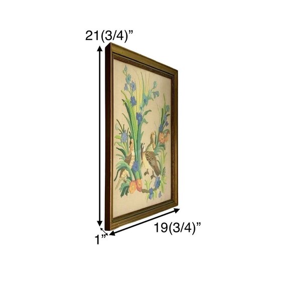 Vintage Framed Crewel Hand Embroidery With Bird and Floral Motif Design 1970s - Picture 2 of 6